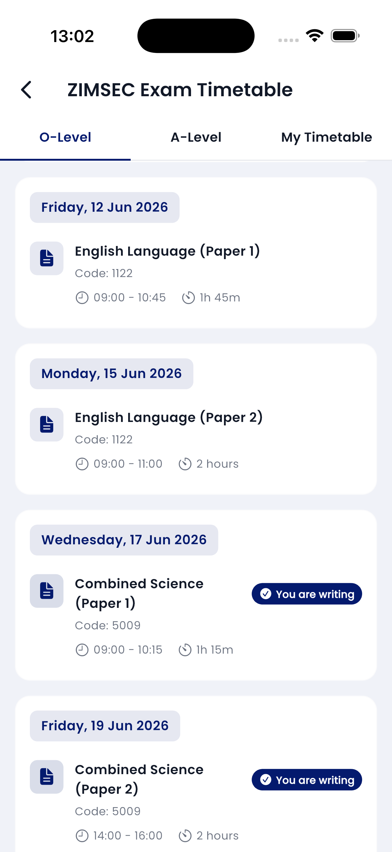 Amigo Exam Timetable